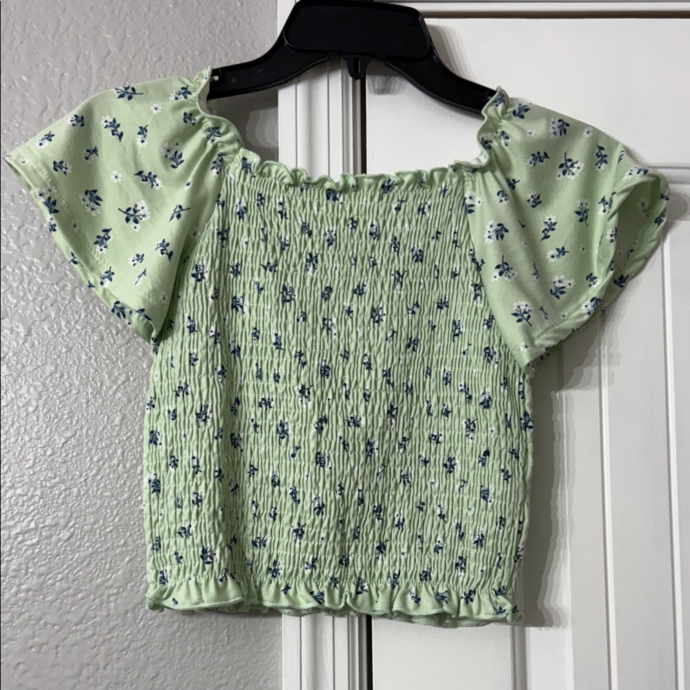 Blue & White Floral Mint Green Smocked Girl’s Top